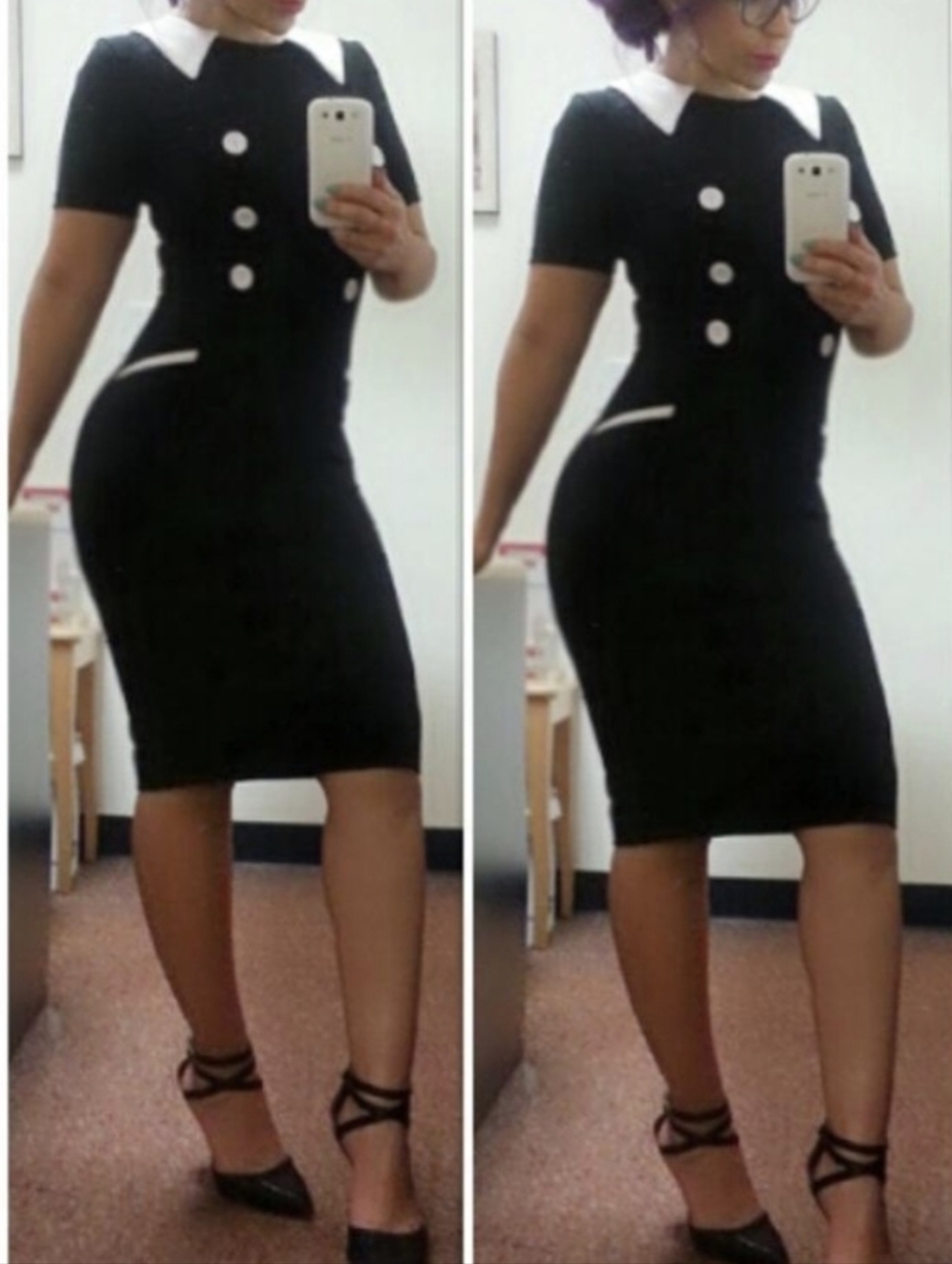 Black Sheath Dress with White Collar and Buttons